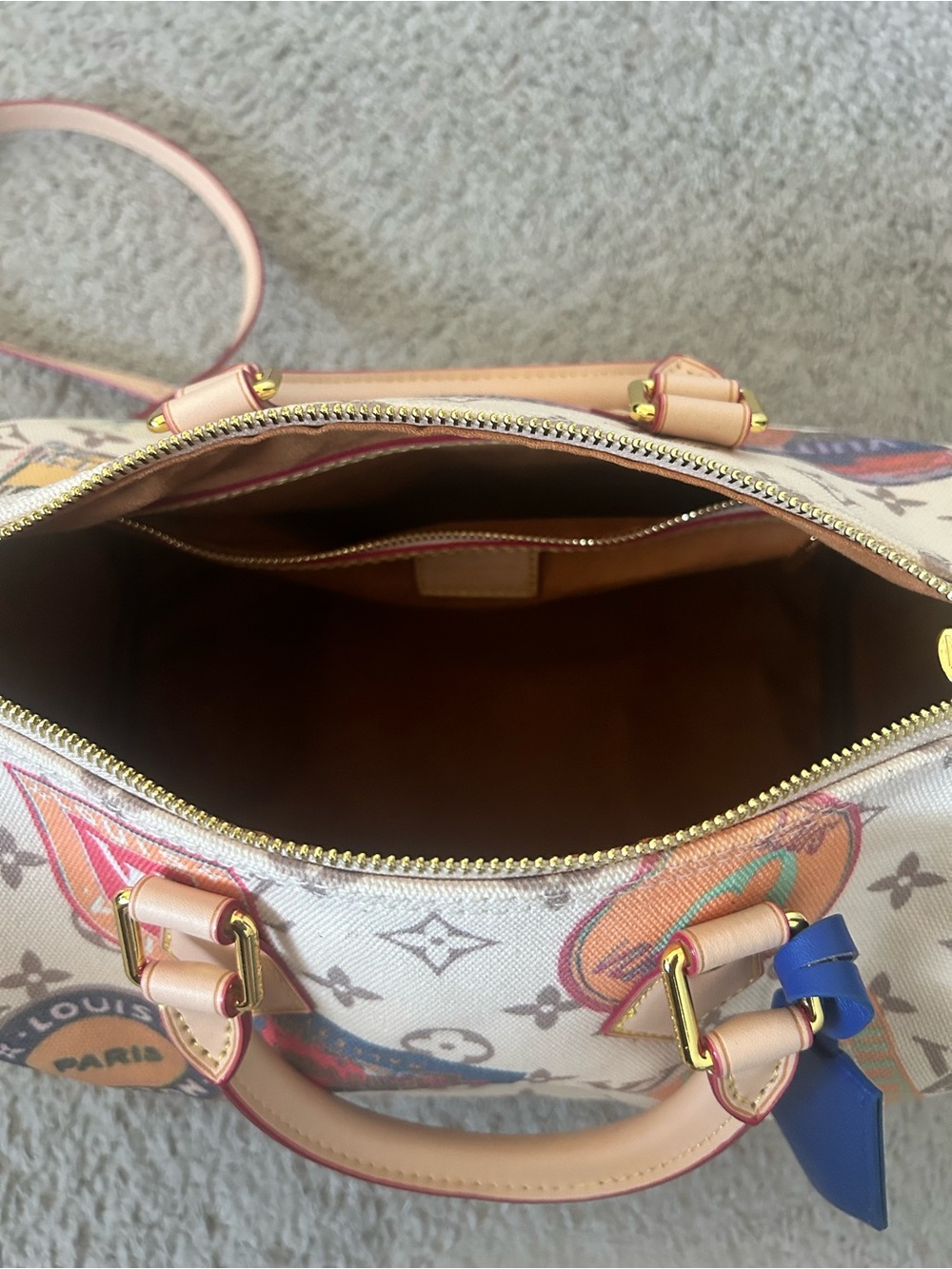 Beige Monogram Travel Patch Satchel with Blue Tag and Pink Straps - Picture 7 of 14